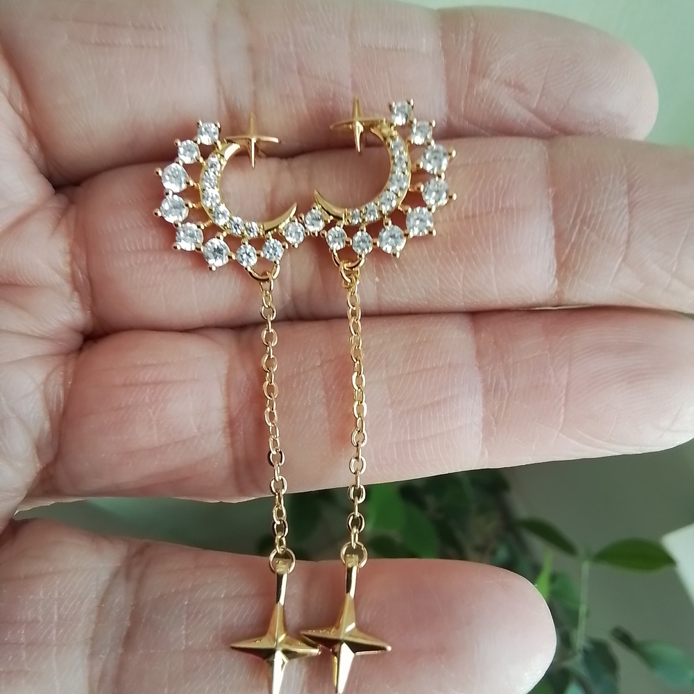 Pretty Bird Gold Celestial Dangle Earrings - Picture 2 of 3